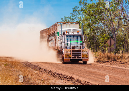 Australia, Northern Territory, road train with cattle livestock on the Carpentaria Hwy in the remote Gulf of Carpentaria region Stock Photo