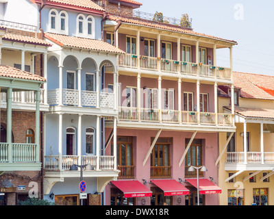 Colorful carved balconies in the Old Town of Tbilisi, Georgia, close to the sulfur baths. Stock Photo