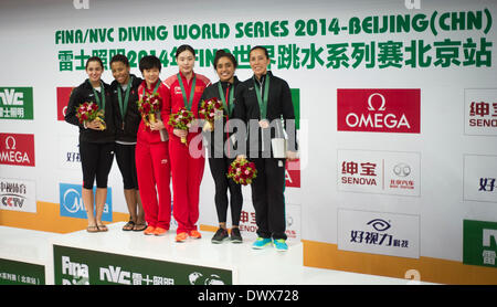 Beijing, China. 14th Mar, 2014. Gold medalists, China's Shi Tingmao(3rd L)/Wu Minxia(3rd R) pose with silver medalists, Canada's Jennifer Abel(2nd L)/Pamela Ware(1st L) and bronze medalists, Mexico's Arantxa Chavez(2nd R)/Laura Sanchez during the awarding ceremony of women's 3m springboard synchro event at the 2014 FINA Diving World Series in Beijing, capital of China, March 14, 2014. China's Shi Tingmao/Wu Minxia won the gold medal with 330.60 points. Credit:  Bi Xiaoyang/Xinhua/Alamy Live News Stock Photo