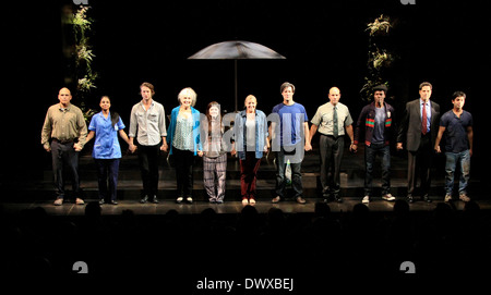 John Sharian, Mahira Kakkar, Peter Scanavino, Mary Beth Peil, Madeleine Martin, Mary McCann, Gareth Saxe, Jordan Lage, Stephen Tyrone Williams, Christopher Innvar and Vandit Bhatt Opening night curtain call for the Atlantic Theatre Company production of ‘ Stock Photo