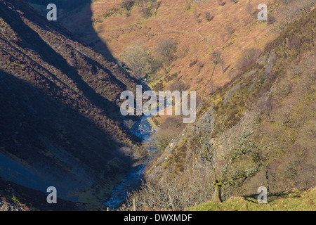 Afon Twymyn running through the Dylife Gorge on a fine spring morning Stock Photo