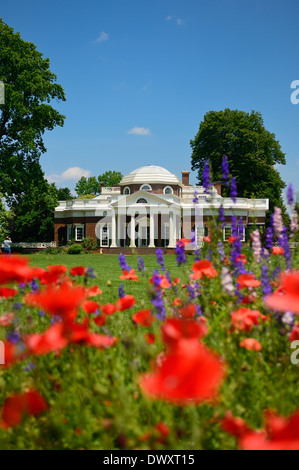View of the west facade of Monticello from the flower walk; the plantation of Thomas Jefferson, Charlottesville, Virginia. Stock Photo