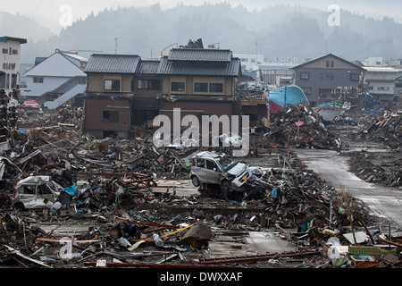 Kesennuma devastated by tsunami, Miyagi, Japan Stock Photo