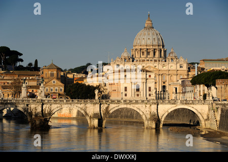 Italy, Rome, Tiber river, Sant'Angelo bridge and St Peter's basilica Stock Photo