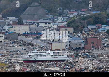 City of Miyako devastated by tsunami, Iwate, Japan Stock Photo