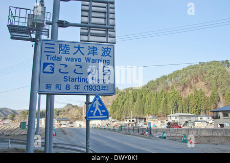 Tsunami warning sign, Iwate, Japan Stock Photo