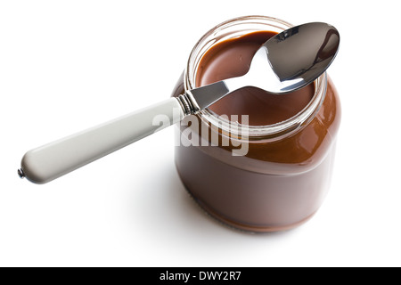 chocolate spread in jar on white background Stock Photo