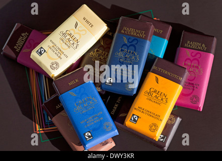 Close up of Mini bars of Green & Black's fairtrade chocolate bar wrappers Stock Photo