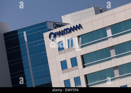 Headquarter of Qualcomm, a global semiconductor company that produces wireless telecommunications products related to 3G, 4G and LTE. Qualcomms Snapdragon processor is being used in Android and Windows smart-phones like Samsung GALAXY S5, Nokia Lumia Icon. Stock Photo
