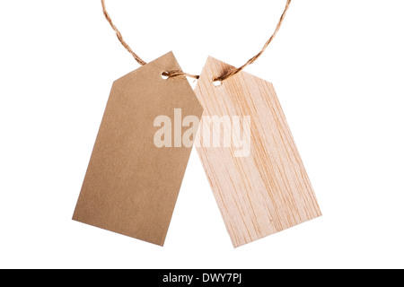 Color shot of two tags with a rope, isolated on white Stock Photo