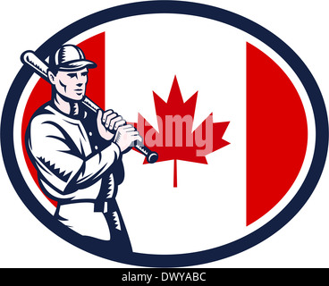Illustration of a Canadian baseball player batter hitter holding bat on shoulder set inside oval shape with Canada maple leaf flag done in retro woodcut style isolated on white background. Stock Photo