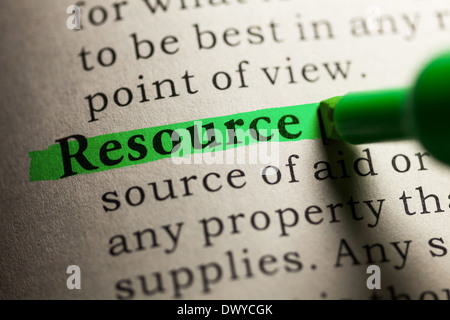 Fake Dictionary, definition of the word resource. Stock Photo
