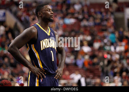 Philadelphia, Pennsylvania, USA . 14th Mar, 2014. March 14, 2014: Indiana Pacers guard Lance Stephenson (1) looks on during the NBA game between the Indiana Pacers and the Philadelphia 76ers at the Wells Fargo Center in Philadelphia, Pennsylvania. The Pacers won 101-94. Christopher Szagola/Cal Sport Media Credit:  Cal Sport Media/Alamy Live News Stock Photo