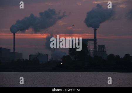 Wismar, Germany, fuming chimneys of industrial plant Klausner Nordic Timber Stock Photo