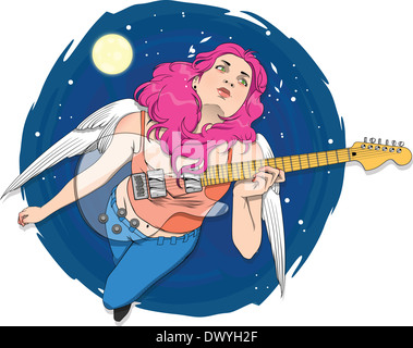 Illustrative image of female rockstar with guitar flying in sky representing desire Stock Photo