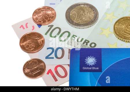 MUNICH, GERMANY - FEBRUARY 23, 2014: Global Blue company Tax Free plastic card with Euro. Isolate on white. Stock Photo