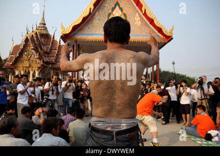 Nakhon Pathom , Thailand. 15th Mar 2014. Devotee enters in a state of trance as he tries to pay his respect to a statue of Khru Sak during the celebration of the annual Tattoo festival at Wat Bang Phra. Thousands of believers from all over Thailand come to take partto the temple's monks who are master tattooist. In Thai culture the tattoo is worn as a symbol of spiritual and physical protection, many believe that the tattoo has mystical powers. Many tattoo fanatics choose to have monkeys and tigers as well as the Khmer/Cambodia ancient script on their bodies. Credit:  John Vincent/Alamy Live N Stock Photo