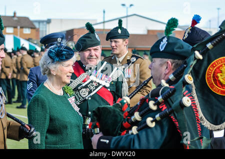Lisburn, Northern Ireland. 15 Mar 2014 - Her Majesty’s Lord Lieutenant of County Antrim, Mrs Joan Christie OBE inspects the troops at the Shamrock Presentation and Drumhead Service in Thiepval Barracks. Credit:  Stephen Barnes/Alamy Live News Stock Photo