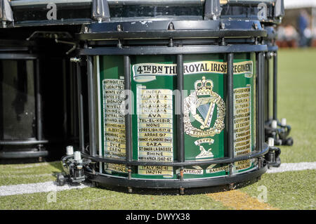 Lisburn, Northern Ireland. 15 Mar 2014 - Snare drum of the Royal Irish Regiment band Credit:  Stephen Barnes/Alamy Live News Stock Photo