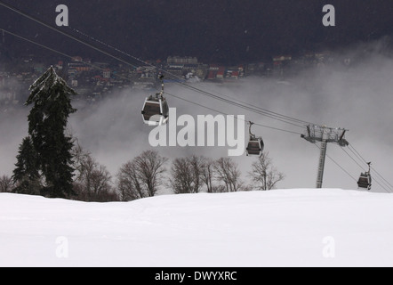 view on cableway in Caucasian mountains at winter Stock Photo