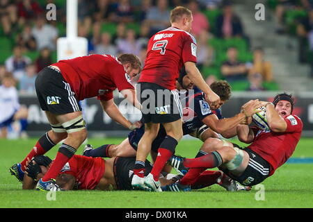 Melbourne, Australia. 14th Mar, 2014. MATT TODD of the Crusaders is tackled with the ball during the round 5 match between Melbourne Rebels and Crusaders during the Australian Super season 2013/2014 at AAMI Park. Credit:  Tom Griffiths/ZUMA Wire/ZUMAPRESS.com/Alamy Live News Stock Photo