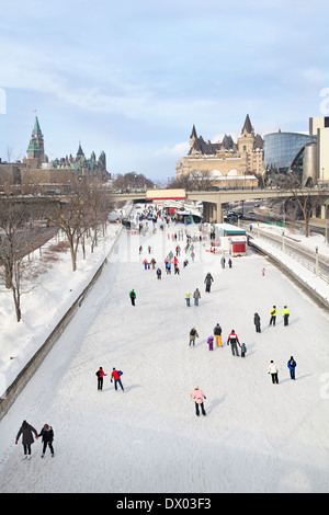 Rideau Canal skating rink, Parliament of Canada in winter, Ottawa Stock Photo
