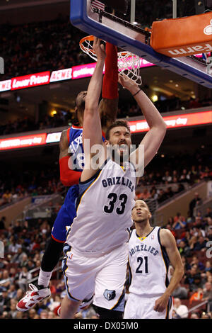 March 15, 2014: Memphis Grizzlies center Marc Gasol (33) reacts to getting fouled from behind by Philadelphia 76ers guard Tony Wroten (8) during the NBA game between the Memphis Grizzlies and the Philadelphia 76ers at the Wells Fargo Center in Philadelphia, Pennsylvania. The Memphis Grizzlies won 103-77. Christopher Szagola/Cal Sport Media Stock Photo