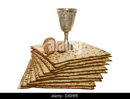 Matzoth, silver Kiddush cup and walnuts for Passover seder Stock Photo
