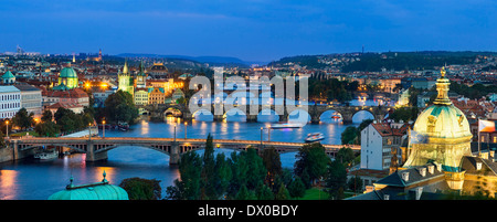 Over of Vitava river and Charles bridge and bridges of Prague. Stock Photo