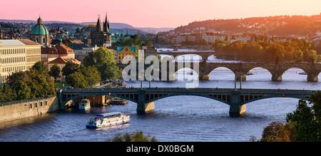 Over of Vitava river and Charles bridge and bridges of Prague. Stock Photo