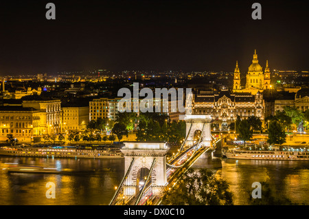Illuminated Chain Bridge in Budapest, Hungary Stock Photo