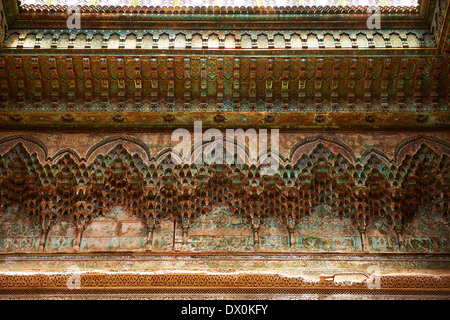 Berber Muqarnas Arabesque stalactite plaster work on the ceiling of the inner courtyard of the Kashah of Telouet, Morocco Stock Photo