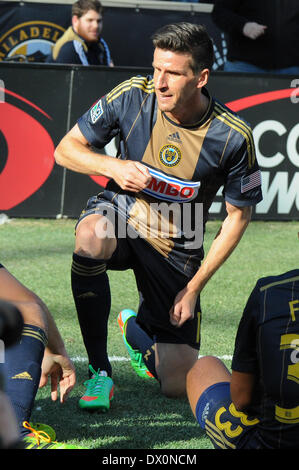 Philadelphia Union forward Sebastian LeToux celebrates his game winning goal during a soccer / football match with the New England Revolution at Talen Energy Stadium in Chester PA United States of America during a sunny fall / autumn day outside of Philadelphia Stock Photo