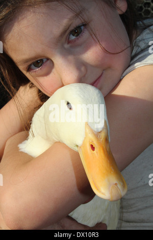 Young caucasian girl hugging her tame pet pekin duck (Anas platyrhynchos domestica or Anas peking) UK, England Stock Photo