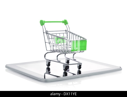 Shopping cart on tablet pc isolated on white background Stock Photo