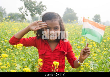 1 Indian Kids Standing with Flag Stock Photo