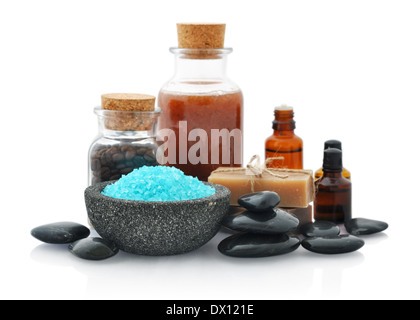 Spa composition with sea salt and massaging stones isolated on white background Stock Photo