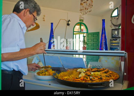Onn Wednesdays Frasquita seafood restaurant has seafood paella, Caleta de Fuste, Fuerteventura, Canary Islands, Spain, Europe Stock Photo