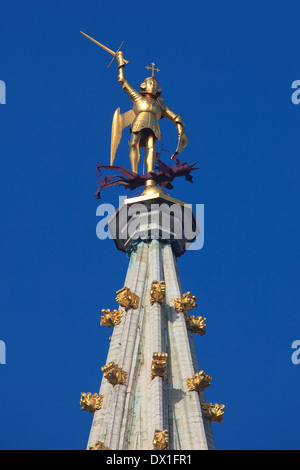 Statue of Archangel Michael, patron saint of Brussels, atop the town hall of Brussels, Belgium Stock Photo