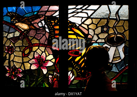 A stained glass window in one of the underground stations in the Bronx. The neighborhood of the Bronx is located north Stock Photo