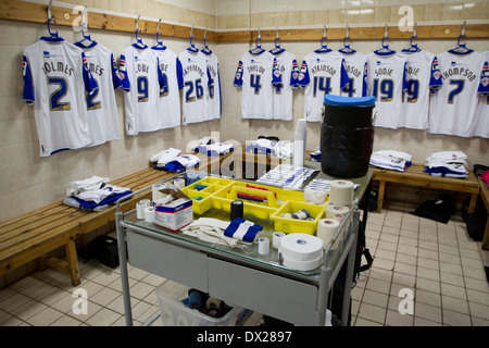 Home team strips and kit laid out in the dressing room at Prenton Park home of Tranmere Rovers Football Club. Stock Photo