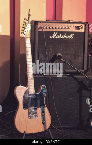 Fender Telecaster Guitar and Amp on stage in 100 Club Oxford Street London Stock Photo