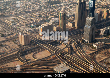 Dubai road transport system -  large interchange on the Sheik Zayed Road, Dubai city, seen from the top of the Burj Khalifa, UAE