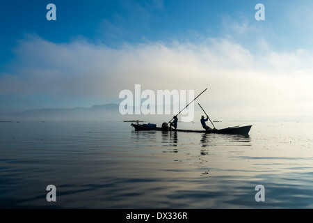 INLE LAKE, MYANMAR - CIRCA DECEMBER 2013: Man collecting mud and weeds from the bottom of the lake to build floating gardens in Stock Photo