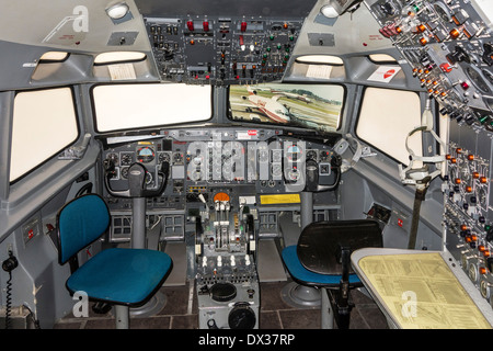 Flight instruments in mock-up airplane cockpit for teaching purposes in the VLOC / Flemish aviation training center in Ostend Stock Photo