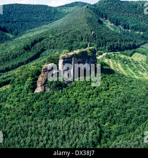 Aerial of Fleckenstein castle ruins 12th Century Alsace France Stock Photo