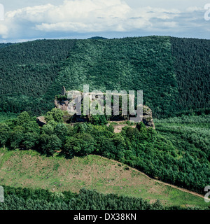 Aerial of Fleckenstein castle ruins 12th Century Alsace France Stock Photo