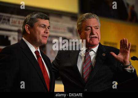 March 17, 2014 - MIKE ROSS, Democratic candidate for Governor of Arkansas, gets the endorsement of IAFF President HAROLD A. SCHAITBERGER, after he addressed the International Association of Fire Fighters at their legislative conference in Washington, DC Monday. The fire fighters are lobbying to protect federal grants that fund staff and equipment, eliminate new fees associated with the nation's new health care law, and to protect public employee pensions that have come under attack from conservatives in Congress. (Credit Image: Credit:  Miguel Juarez Lugo/ZUMAPRESS.com/Alamy Live News) Stock Photo