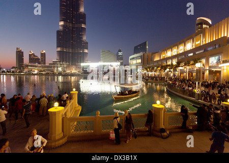 Dubai Mall and Lake at night, with tourist boats, Dubai, UAE, United Arab Emirates, Middle East Stock Photo