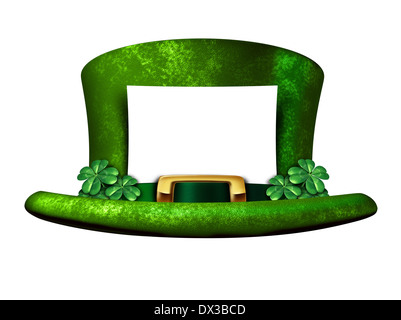 Shamrock hat blank sign belonging to a Leprechaun as a white banner with a green lucky top as a classic St Patricks day symbol and luck icon of Irish tradition celebration with magical four leaf clover decorations. Stock Photo